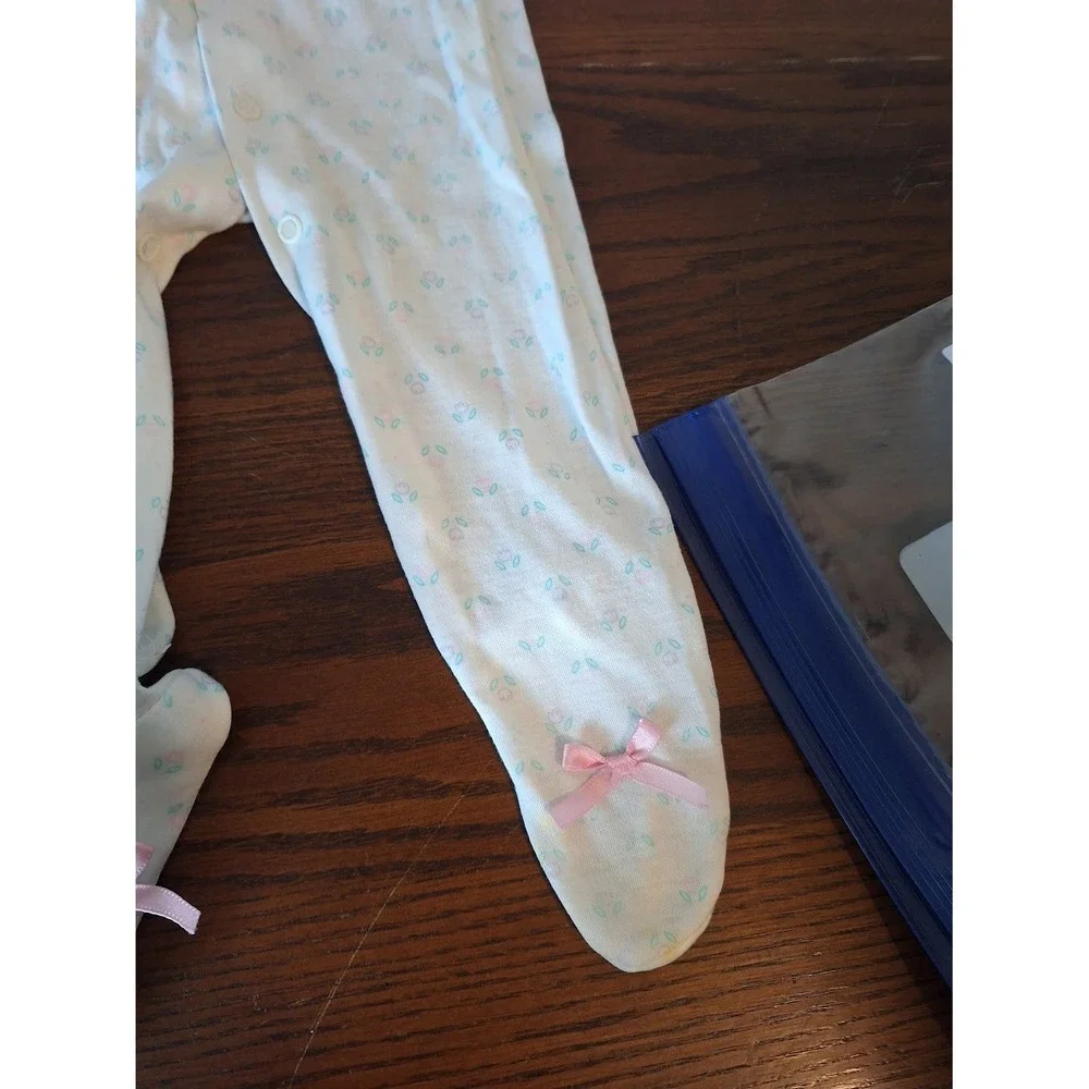 Baby Girls White Floral Footed Sleeper Ruffle Collar Pink Bows One Piece Pajamas
